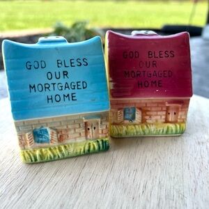 Vintage Japan Salt & Pepper Shaker Set God Bless Our Mortgaged Home 3" Tall